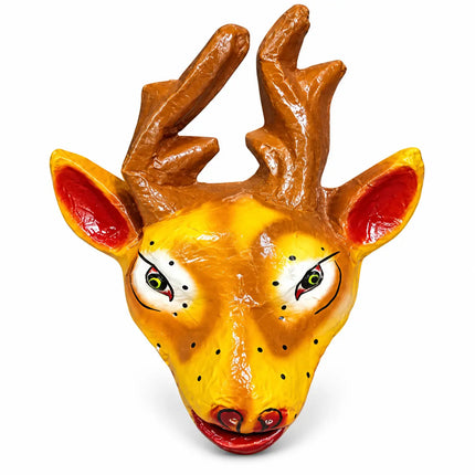Yellow and brown Deer Mask with branching antlers on white background