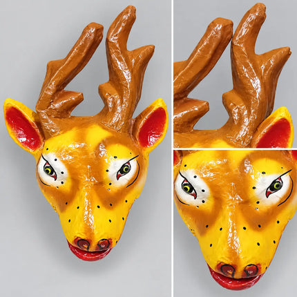 Deer Mask detail collage showing branching antlers and painted face