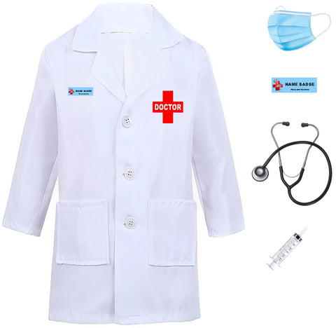 FancyDressWale Doctor dress for Girls and Boys with Strethoscope, Mask, Syringe and Name badge