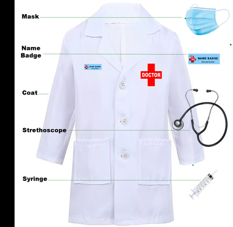 FancyDressWale Doctor dress for Girls and Boys with Strethoscope, Mask, Syringe and Name badge