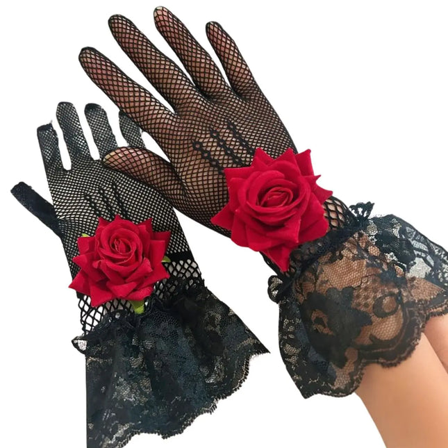 Elegant Lace Fishnet Gloves with Rose – White & Black Variants – Fancy Dress Costume Accessory fancydresswale.com