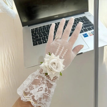 Elegant Lace Fishnet Gloves with Rose – White & Black Variants – Fancy Dress Costume Accessory fancydresswale.com