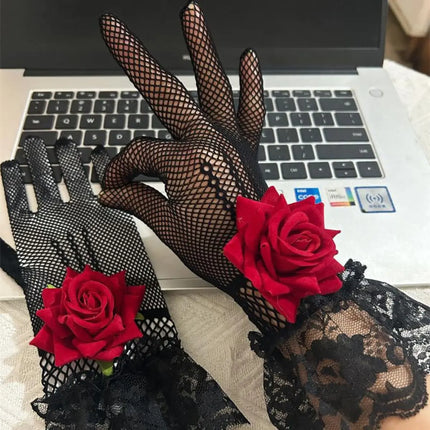 Elegant Lace Fishnet Gloves with Rose – White & Black Variants – Fancy Dress Costume Accessory fancydresswale.com
