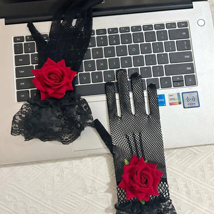 Elegant Lace Fishnet Gloves with Rose – White & Black Variants – Fancy Dress Costume Accessory fancydresswale.com