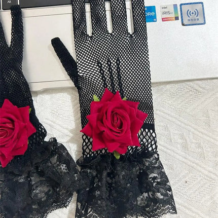 Elegant Lace Fishnet Gloves with Rose – White & Black Variants – Fancy Dress Costume Accessory fancydresswale.com