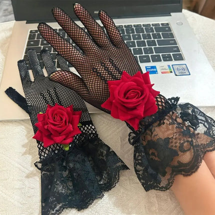 Elegant Lace Fishnet Gloves with Rose – White & Black Variants – Fancy Dress Costume Accessory fancydresswale.com