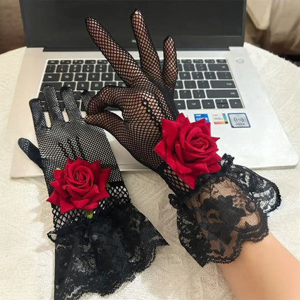Elegant Lace Fishnet Gloves with Rose – White & Black Variants – Fancy Dress Costume Accessory fancydresswale.com