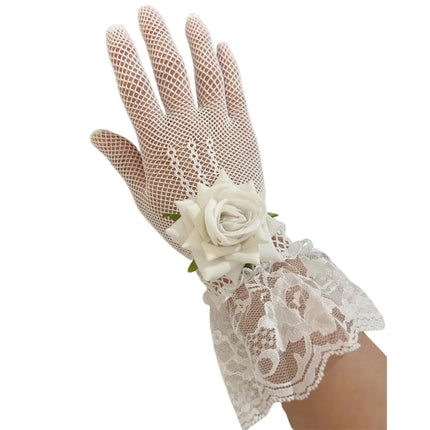 Elegant Lace Fishnet Gloves with Rose – White & Black Variants – Fancy Dress Costume Accessory fancydresswale.com