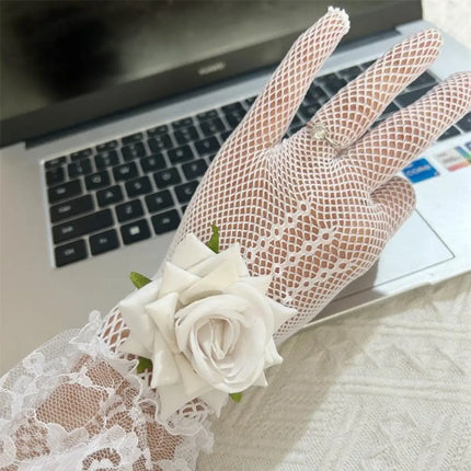 Elegant Lace Fishnet Gloves with Rose – White & Black Variants – Fancy Dress Costume Accessory fancydresswale.com