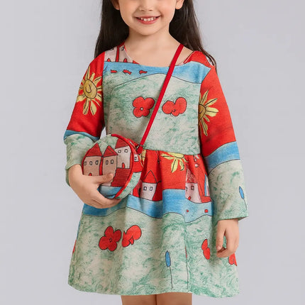 Fancy Girl Baby Print Long Sleeve Dress with Purse Multicolour Fancydresswale.com