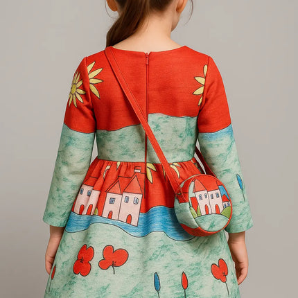 Fancy Girl Baby Print Long Sleeve Dress with Purse Multicolour Fancydresswale.com
