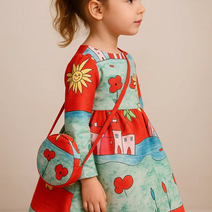 Fancy Girl Baby Print Long Sleeve Dress with Purse Multicolour Fancydresswale.com