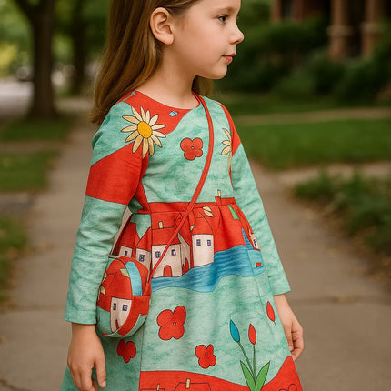 Fancy Girl Baby Print Long Sleeve Dress with Purse Multicolour Fancydresswale.com