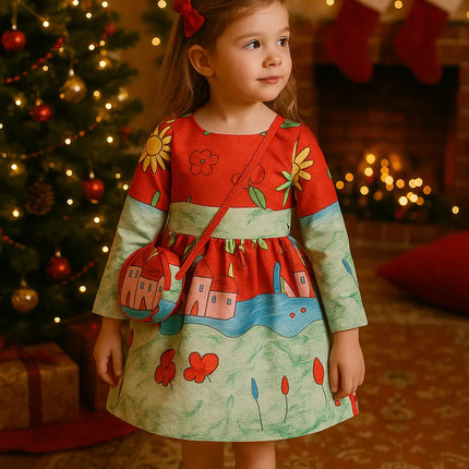 Fancy Girl Baby Print Long Sleeve Dress with Purse Multicolour Fancydresswale.com