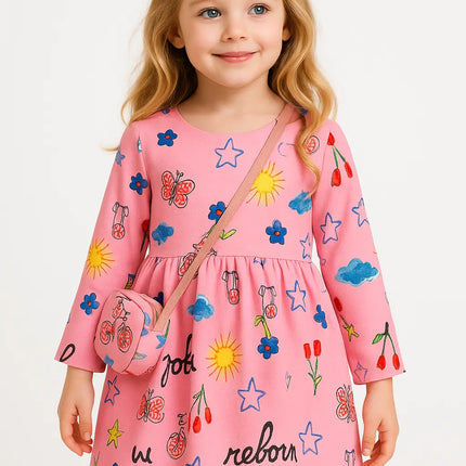 Fancy Girl Baby Print Long Sleeve Dress with Purse Pink Fancydresswale