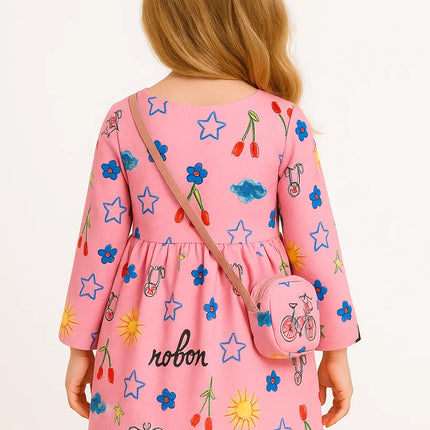 Fancy Girl Baby Print Long Sleeve Dress with Purse Pink Fancydresswale