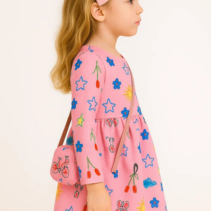 Fancy Girl Baby Print Long Sleeve Dress with Purse Pink Fancydresswale