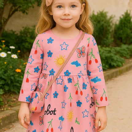 Fancy Girl Baby Print Long Sleeve Dress with Purse Pink Fancydresswale