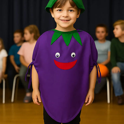FancyDressWale Brinjal Vegetable Costume with Green Jumpsuit for Kids 🍆 – Fancy Dress for Vegetable Day, School Competitions & Stage Performances Fancydresswale