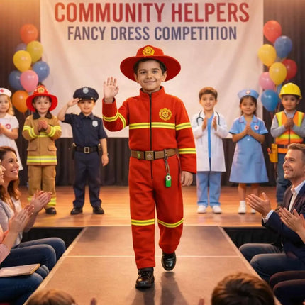 FancyDressWale Fireman Costume for Kids – Firefighter Dress with Hat, Belt & Whistle | Community Helper Fancy Dress for Boys & Girls (2–8 Years) fancydresswale.com
