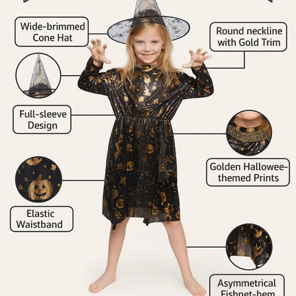 🎃 FancyDressWale Halloween Witch Costume for Girls | Shiny Black & Gold Dress with Hat Fancydresswale