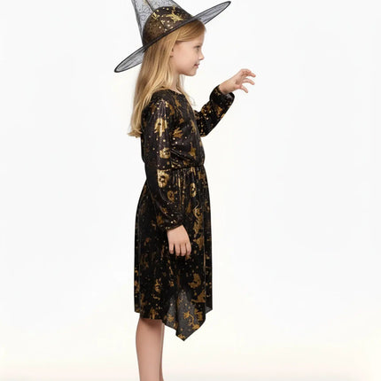 🎃 FancyDressWale Halloween Witch Costume for Girls | Shiny Black & Gold Dress with Hat Fancydresswale