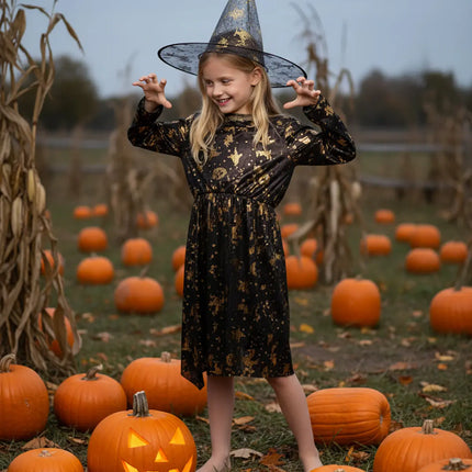 🎃 FancyDressWale Halloween Witch Costume for Girls | Shiny Black & Gold Dress with Hat Fancydresswale