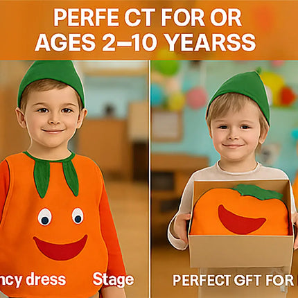 FancyDressWale Orange Fruit Costume with Green Jumpsuit for Kids | Fancy Dress for School Competitions, Fruit Day & Stage Shows (2–10 Years) Fancydresswale