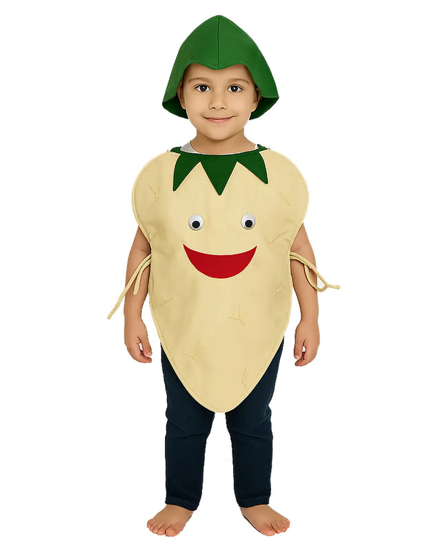 FancyDressWale Potato Vegetable Costume with Green Jumpsuit for Kids – Fancy Dress for Vegetable Day, School Competitions & Stage Performances Fancydresswale