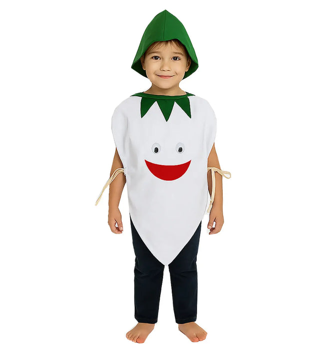 FancyDressWale Radish Vegetable Costume with Green Jumpsuit for Kids – Fancy Dress for Vegetable Day, School Competitions & Stage Performances Fancydresswale