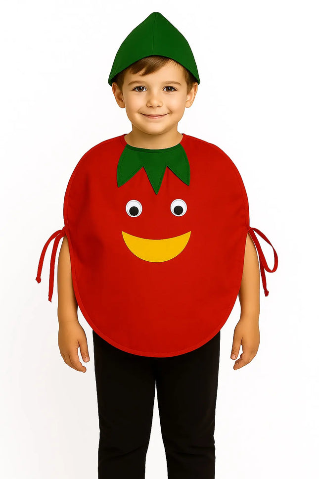 FancyDressWale Tomato Vegetable Costume with Green Jumpsuit for Kids 🍅 – Fancy Dress for Vegetable Day, Fruit Day, School Competitions & Stage Performances Fancydresswale