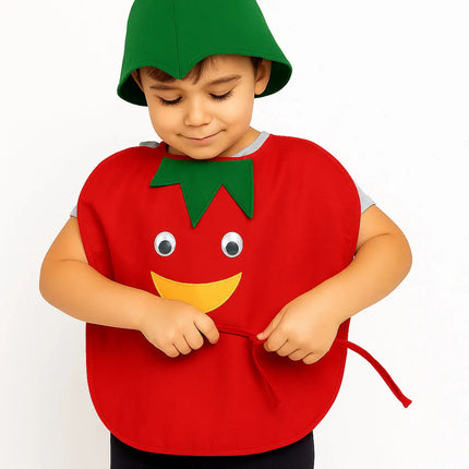 FancyDressWale Tomato Vegetable Costume with Green Jumpsuit for Kids 🍅 – Fancy Dress for Vegetable Day, Fruit Day, School Competitions & Stage Performances Fancydresswale