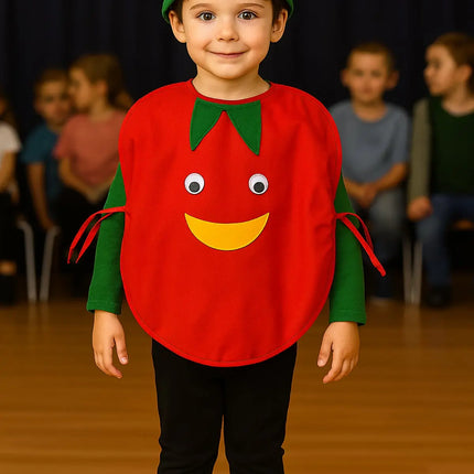 FancyDressWale Tomato Vegetable Costume with Green Jumpsuit for Kids 🍅 – Fancy Dress for Vegetable Day, Fruit Day, School Competitions & Stage Performances Fancydresswale