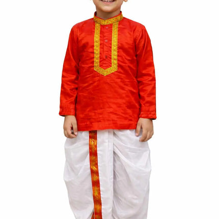 Fancydresswale Bengali Boy Traditional Dress for Kids & Adults – Red Kurta and White Dhoti Ethnic Set | Durga Puja & Festive Bengali Costume (2–4 Years to Adult) fancydresswale.com