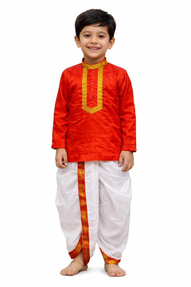 Fancydresswale Bengali Boy Traditional Dress for Kids & Adults – Red Kurta and White Dhoti Ethnic Set | Durga Puja & Festive Bengali Costume (2–4 Years to Adult) fancydresswale.com