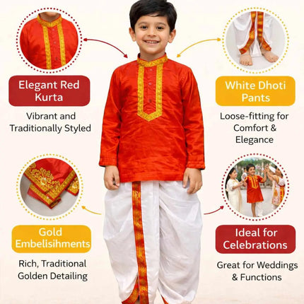 Fancydresswale Bengali Boy Traditional Dress for Kids & Adults – Red Kurta and White Dhoti Ethnic Set | Durga Puja & Festive Bengali Costume (2–4 Years to Adult) fancydresswale.com