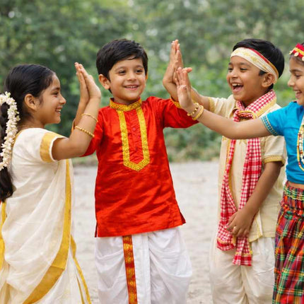 Fancydresswale Bengali Boy Traditional Dress for Kids & Adults – Red Kurta and White Dhoti Ethnic Set | Durga Puja & Festive Bengali Costume (2–4 Years to Adult) fancydresswale.com