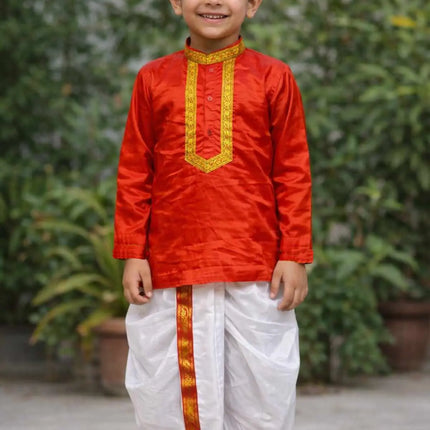 Fancydresswale Bengali Boy Traditional Dress for Kids & Adults – Red Kurta and White Dhoti Ethnic Set | Durga Puja & Festive Bengali Costume (2–4 Years to Adult) fancydresswale.com