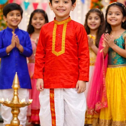 Fancydresswale Bengali Boy Traditional Dress for Kids & Adults – Red Kurta and White Dhoti Ethnic Set | Durga Puja & Festive Bengali Costume (2–4 Years to Adult) fancydresswale.com