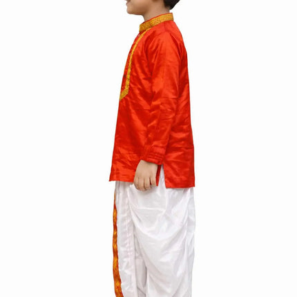 Fancydresswale Bengali Boy Traditional Dress for Kids & Adults – Red Kurta and White Dhoti Ethnic Set | Durga Puja & Festive Bengali Costume (2–4 Years to Adult) fancydresswale.com