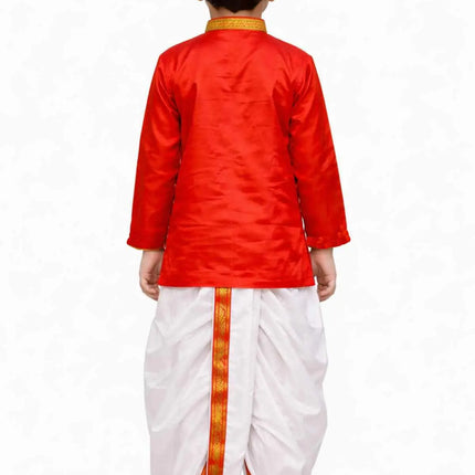 Fancydresswale Bengali Boy Traditional Dress for Kids & Adults – Red Kurta and White Dhoti Ethnic Set | Durga Puja & Festive Bengali Costume (2–4 Years to Adult) fancydresswale.com
