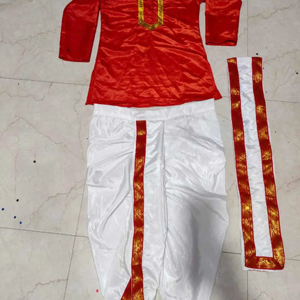 Fancydresswale Bengali Boy Traditional Dress for Kids & Adults – Red Kurta and White Dhoti Ethnic Set | Durga Puja & Festive Bengali Costume (2–4 Years to Adult) fancydresswale.com