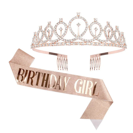 Fancydresswale Birthday Headbands Satin Sash and Tiara Birthday Crown for Girls Women Party Supplies- Rose Gold Crown and Sash- Birthday Girl fancydresswale.com