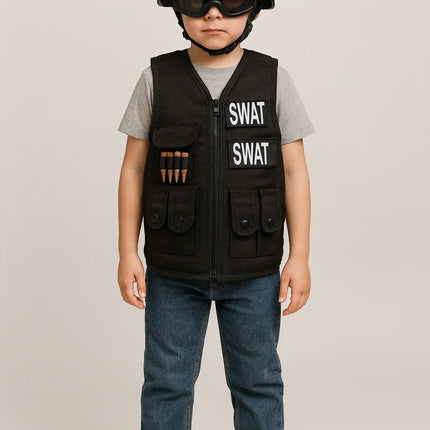 Fancydresswale Black Commando dress Vest & Helmet Set for Kids – Realistic Police Costume for Roleplay (5–12 Years, One Size) fancydresswale.com