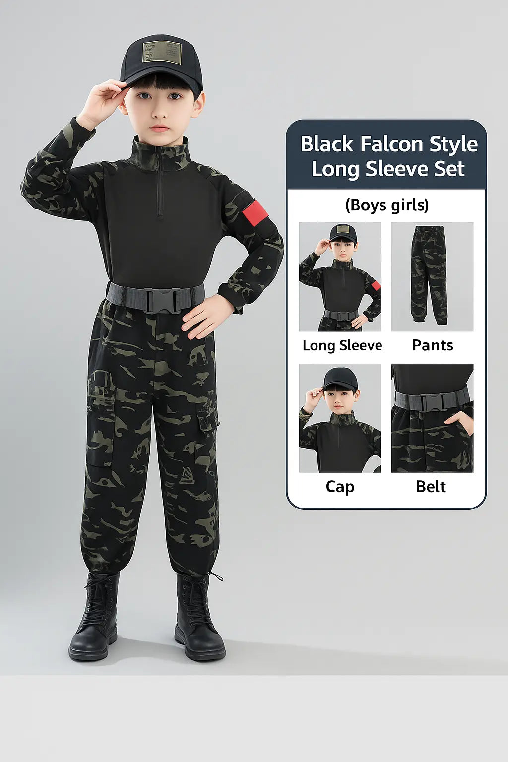 Fancydresswale Black commando dress for Kids – Camouflage army Combat costume Set with Cap Belt