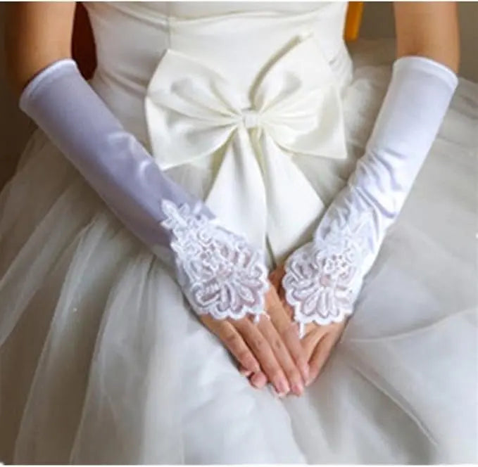 Fancydresswale Elegant Pearl Fingerless Flapper Gloves – Tulle Opera Style, Elbow-Length fingerless gloves women