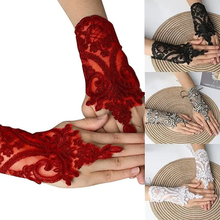 Fancydresswale Fingerless Floral Lace Gloves – Bridal & Party Accessory in Red, White, Black & Silver fancydresswale.com