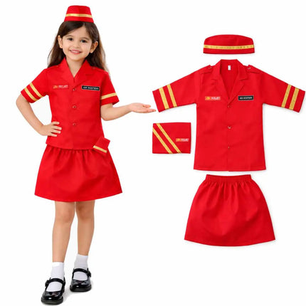Fancydresswale Girls Air Hostess Fancy Dress Costume Set – Red Uniform with Cap | Kids Airline Crew Role Play Outfit for School & Parties fancydresswale.com