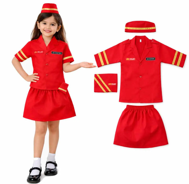 Fancydresswale Girls Air Hostess Fancy Dress Costume Set – Red Uniform with Cap | Kids Airline Crew Role Play Outfit for School & Parties fancydresswale.com
