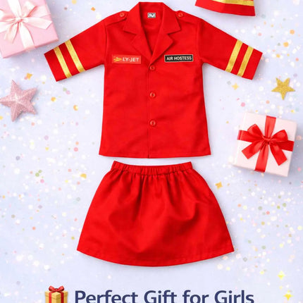 Fancydresswale Girls Air Hostess Fancy Dress Costume Set – Red Uniform with Cap | Kids Airline Crew Role Play Outfit for School & Parties fancydresswale.com